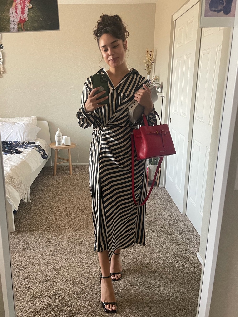 Black and White Striped Wrap Shirt Dress